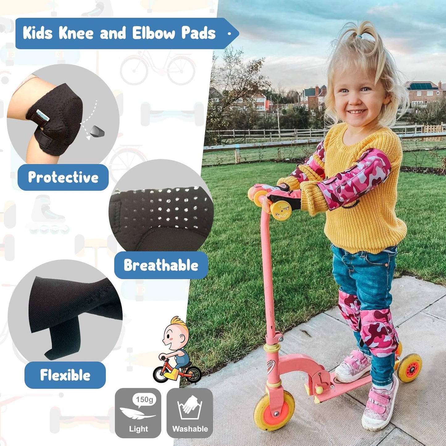 Soft-Style Kids Knee and Elbow Pads with Bike Gloves, Flexible Impact-Resistant Gear for Ages 2-11, Designed for Balance Bikes, Roller-Skating, and Skateboarding