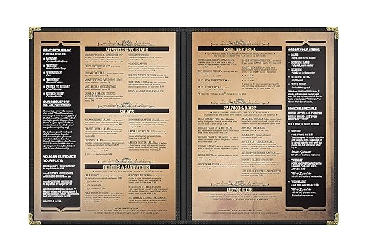 Goodsmart Restaurant Menu Covers - 25 Pack Black 8.5" x 11", 2-Page/4-View, Side-Loading Vinyl Menu Holders, Clear Sleeves, Double-Stitched Edge, Leather-Style Café Covers with Gold Corners