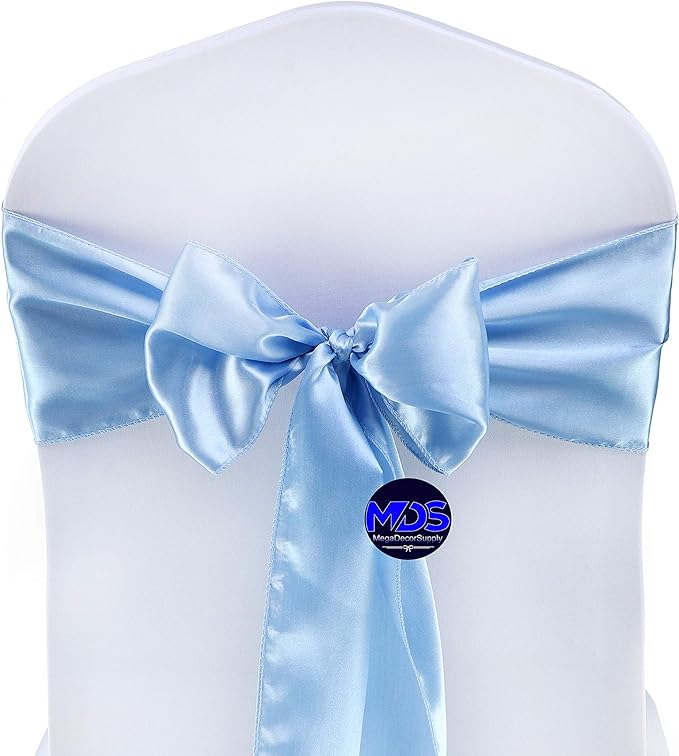 MDS Pack of 150 PCS Satin Chair Sashes Charmeuse Sateen Dining Chair Bows Ribbon Ties Back Sash for Wedding Party Birthday Home Hotel Restaurant Banquet Decoration (7 x 108 Inch, Baby Blue)