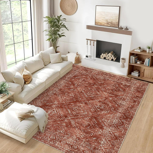 COZYLOOM Large Living Room Rugs 9x12 Machine Washable Area Rugs Modern Abstract Floor Cover Non Slip Stain Resistant Geometric Mats for Bedroom, Nursery, Office, Brick Red