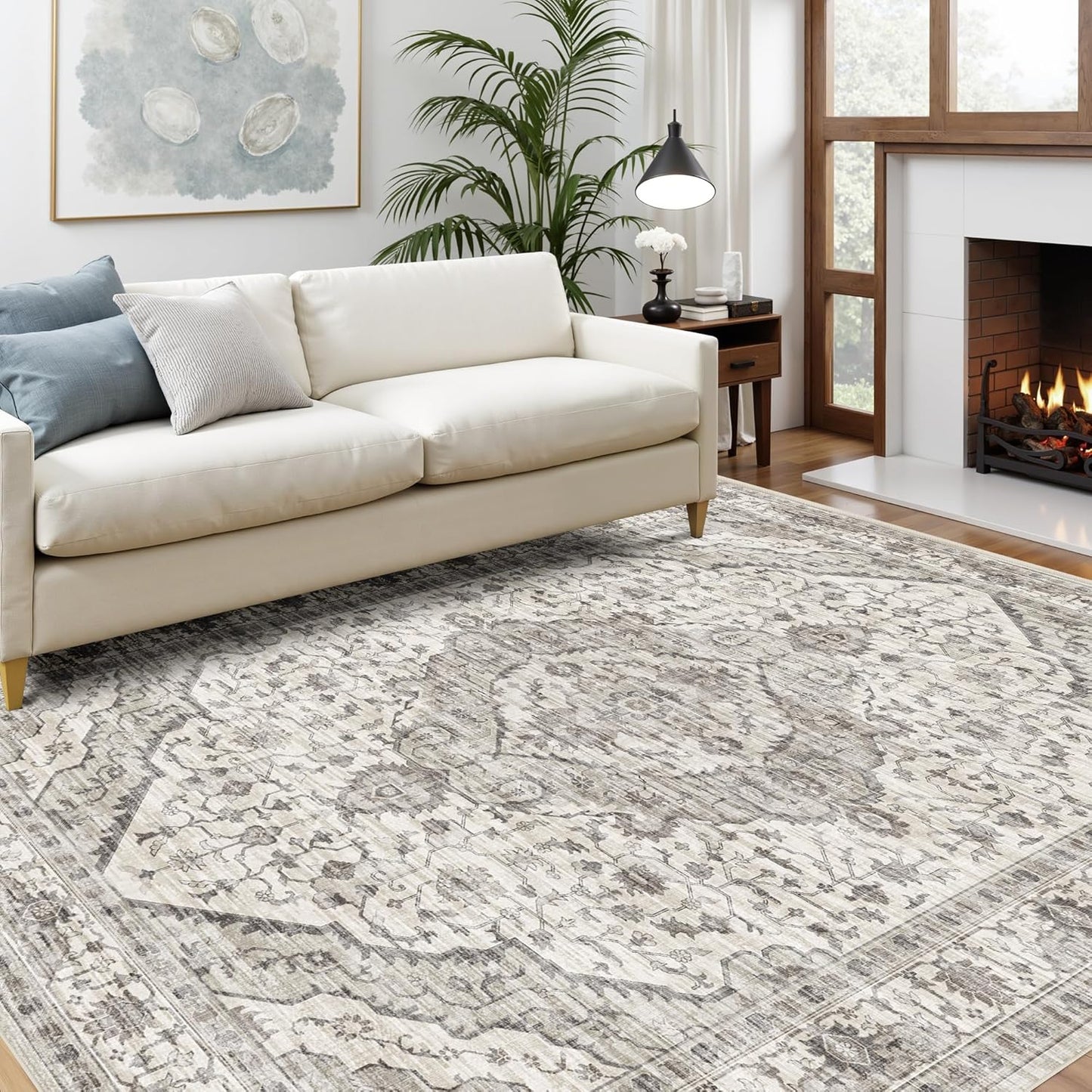 Deerly Area Rug 3x5 Rugs with Non-Slip Backing, Washable 3x5 Rugs for Bedroom Living Room Kitchen Hallway, Distressed Carpet Printed Low-Pile Soft Dorm Rug (Border Cream)