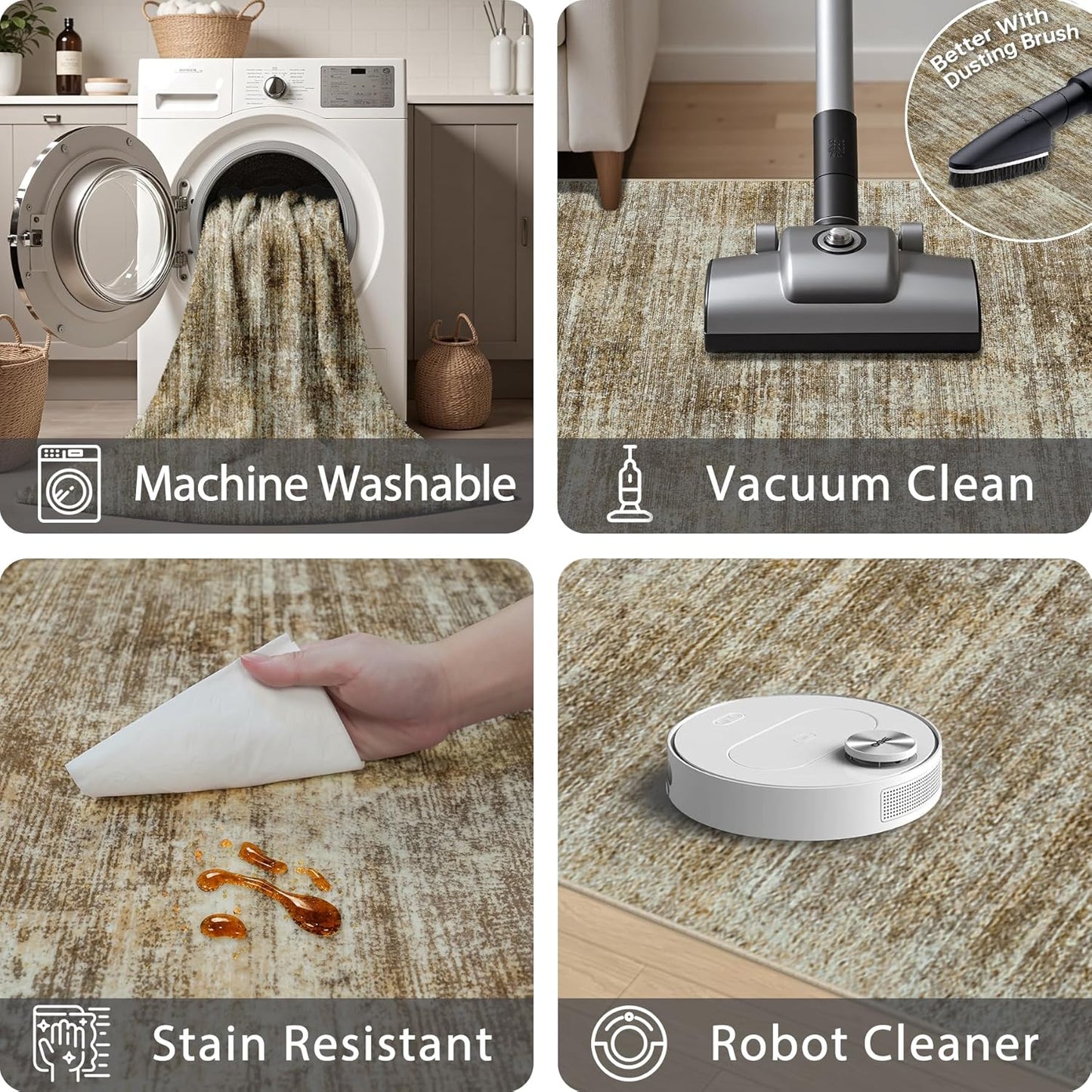 Washable Rug 6x9 Area Rugs, Abstract Large Living Room Rugs with Non-Slip Backing, Thin Carpet for Dorm Dining Room Table Nursery Indoor Home Office-Brown