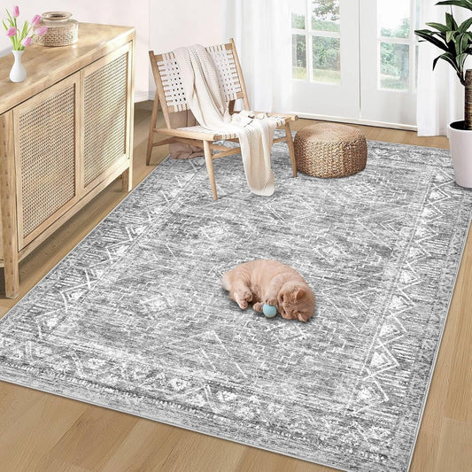 Vintage Moroccan Trellis Area Rug - 3x5 Machine Washable Boho Geometric Farmhouse Rugs Neutral Stain Resistant Non Slip Indoor Carpet for Entrance Bedroom Dining Room Nursery Home Office (3 x 5, Grey)