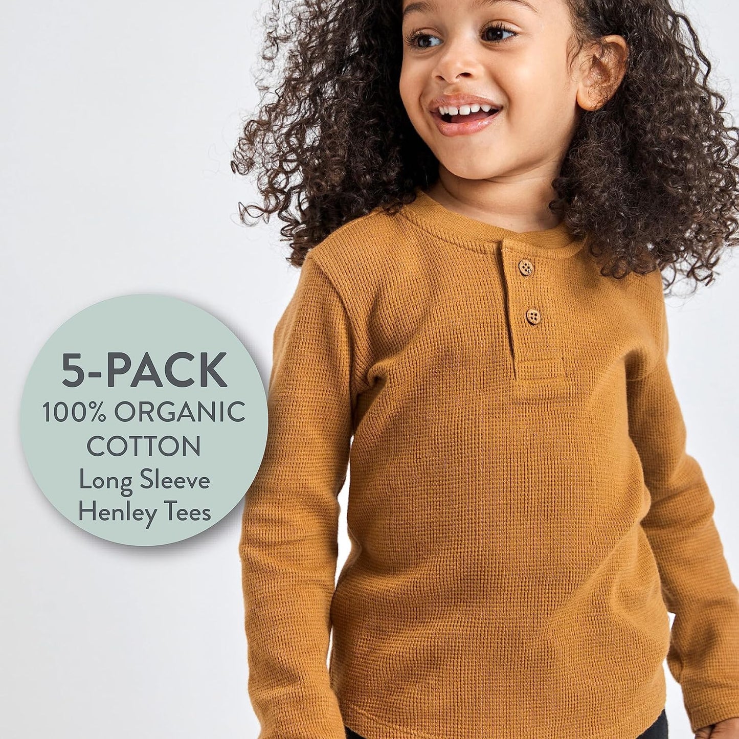 HonestBaby 5-pack Waffle Henley Long Sleeve Shirts 100% Organic Cotton for Infant Baby and Toddler Boys, Unisex