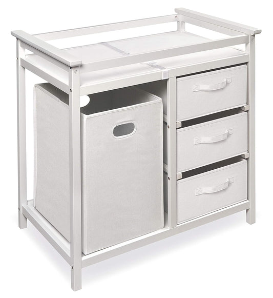Badger Basket Modern Baby Changing Table - Portable Diaper Station with 3 Drawers Pad & Hamper - Storage Organizer for Baby Clothes, Diapers & Toys - Fresh White/White (34.25 x 20.75 x 34.5)