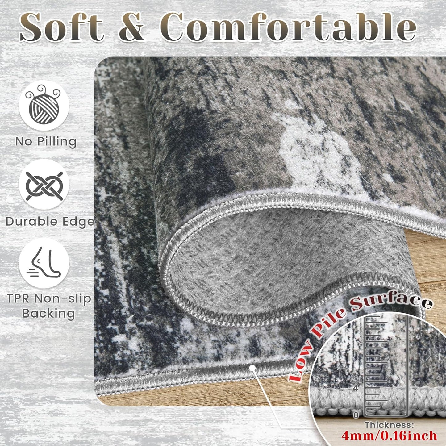 Washable Rug 8x10 Area Rugs for Living Room: Large Neutral Soft Rug Abstract Non Slip Low Pile Modern Carpet for Bedroom Kitchen Nursery Office Dining Room Indoor (Black, 8'x10')