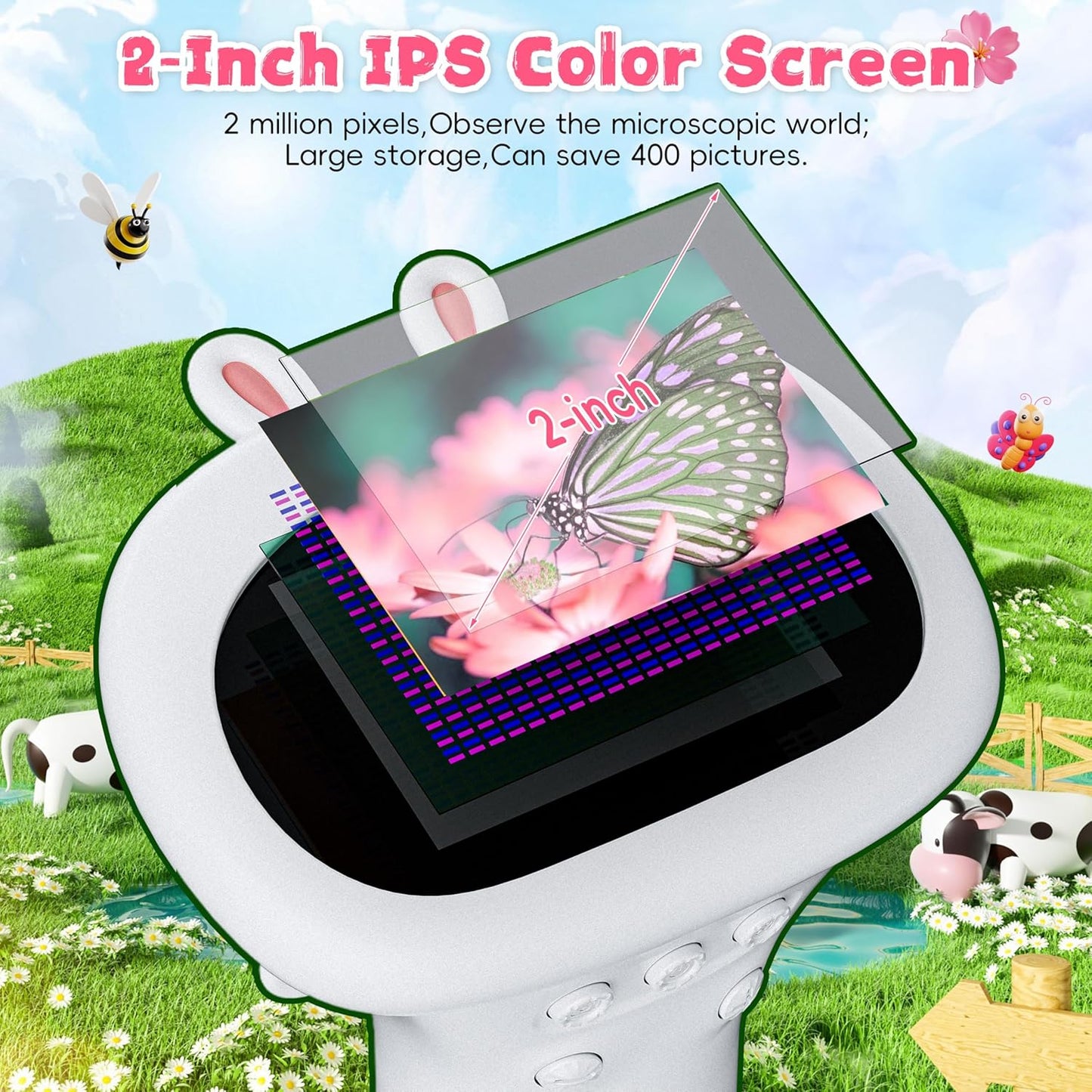 Kids Microscope, Ahalfcit 2 Inch Screen 1000X Zoom Portable Camera Microscope - Science Educational Toys Gift for 3-12 Years Old Boys Girls -White