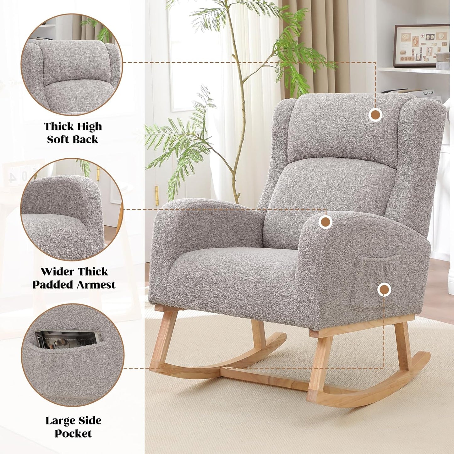Rocking Chair Nursery, Nursing Rocking Chairs for Mom Nursery, Comfy Wingback Glider Rocking Armchair with Side Pocket for Nursery Living Room Bedroom, Teddy Light Grey