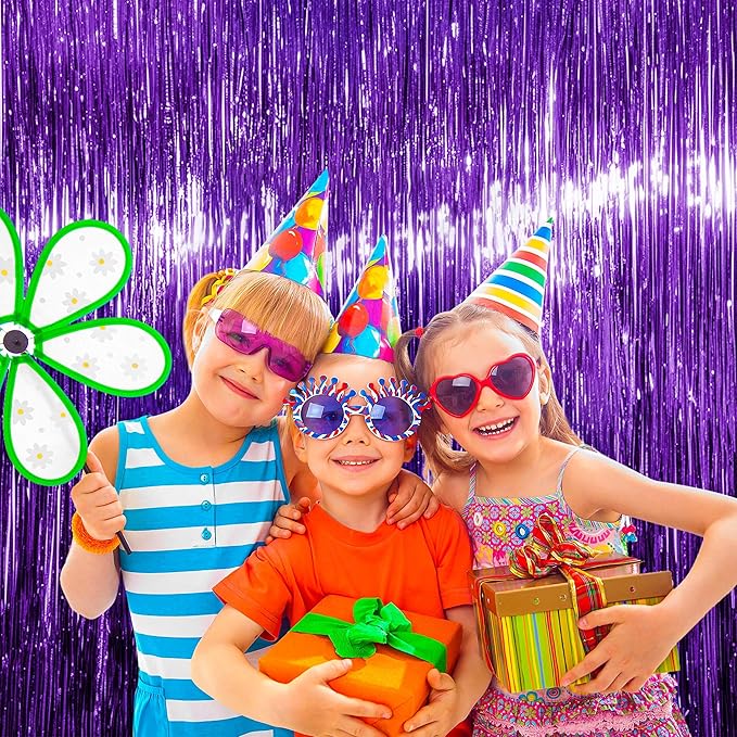 BTSD-home Purple Foil Fringe Curtain, Metallic Photo Booth Backdrop Tinsel Door Curtains for Wedding Birthday Bridal Shower Baby Shower Bachelorette Christmas Party Decorations(4 Pack, 8ft x 3ft)