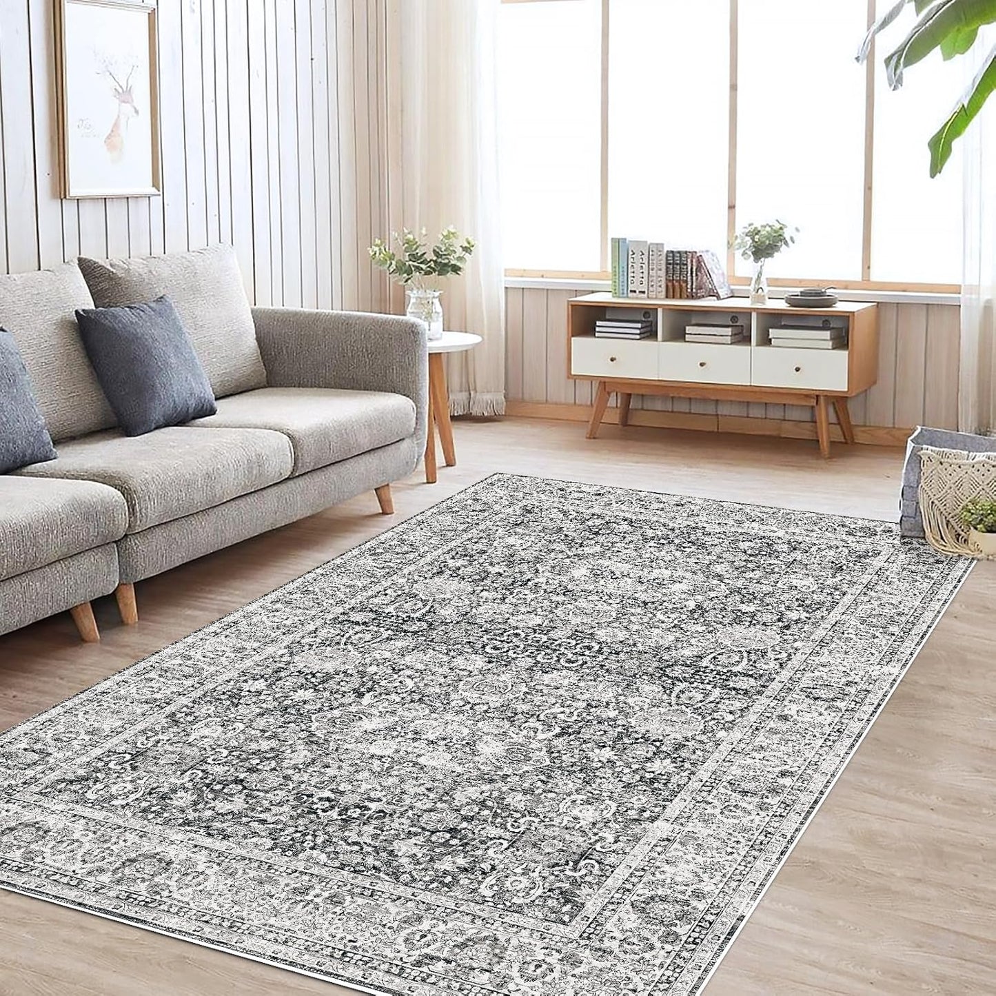Deerly Grey Rug 6x9 Rugs for Living Room Distressed, Washable Area Rugs Non Slip Large Rug for Bedroom Dining Room Office, Floor Decoration Big Rug Mat Low-Pile(Grey)