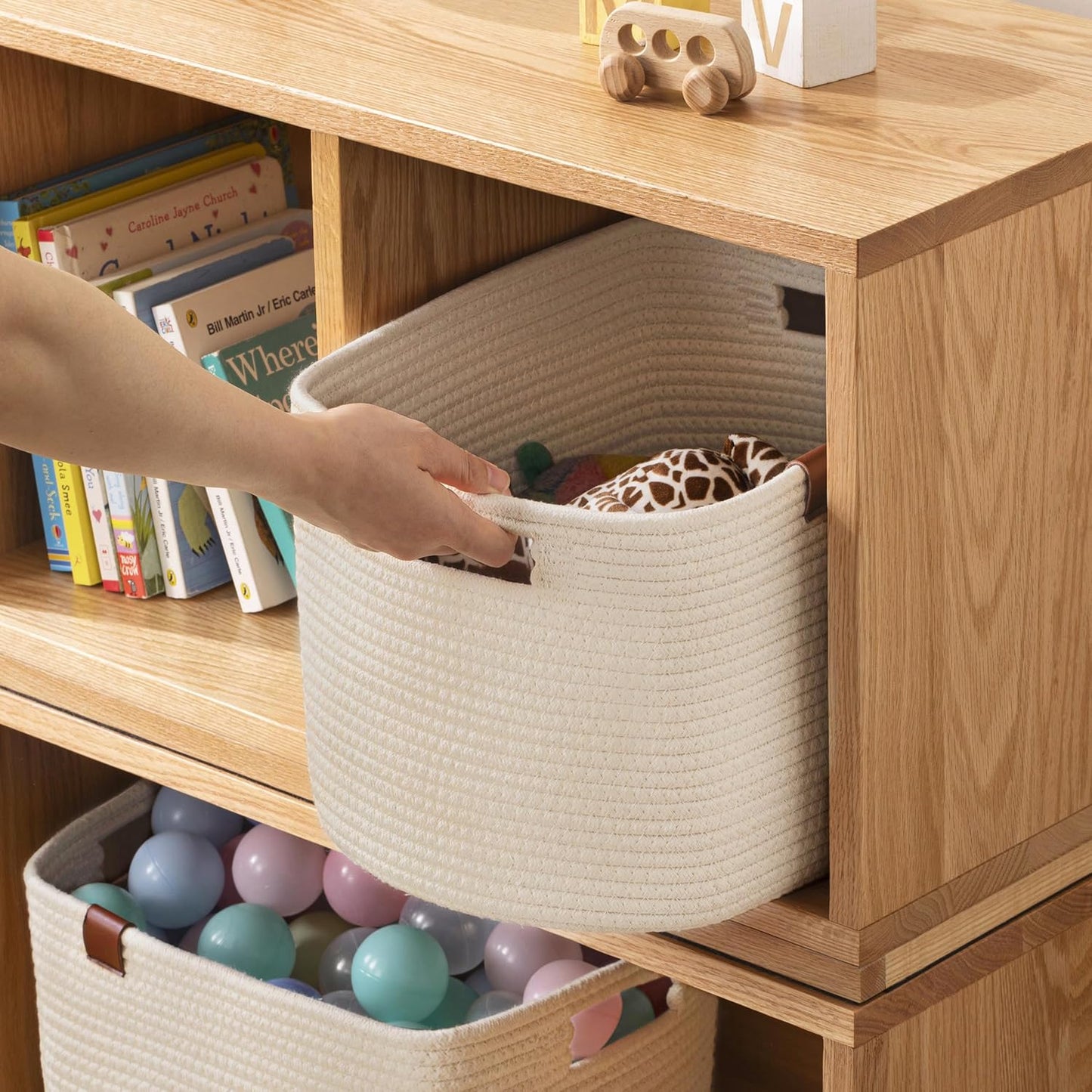 UBBCARE 4 Pack Baskets for Organizing, Woven Storage Baskets with Label for Toys and Towel, Rectangle Cotton Rope Basket with Handles, 15''L x10''W x9''H, Off-White