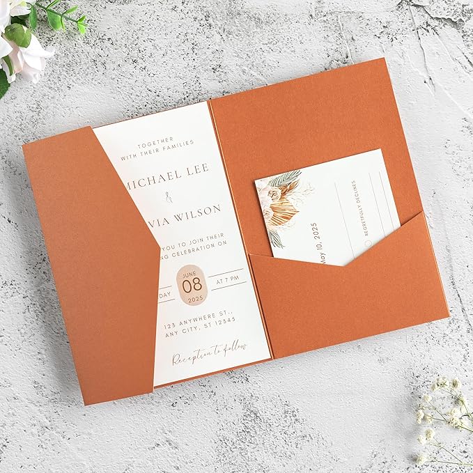 20 PCS Burnt Orange Tri-fold Laser Cut Wedding Invitation Pockets for 5x7 Wedding Cards Bridal Shower Engagement Quinceanera Invitation