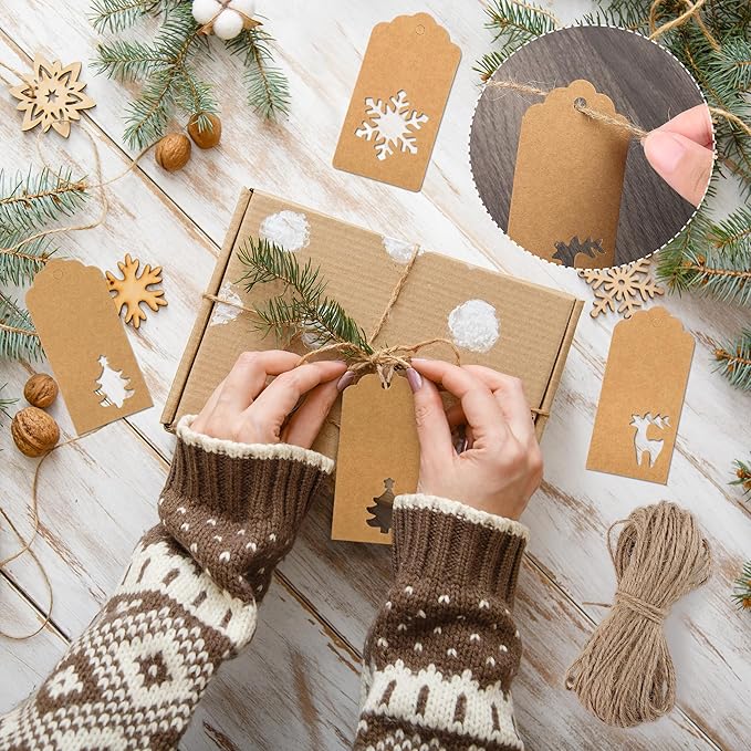 Aneco 150 Pieces Christmas Paper Gift Tags Brown Kraft Tags Hang Labels Christmas Tree Snowflake Reindeer Design with 30 Meters Jute Twine for Christmas DIY Wrapping Favor Holiday Present