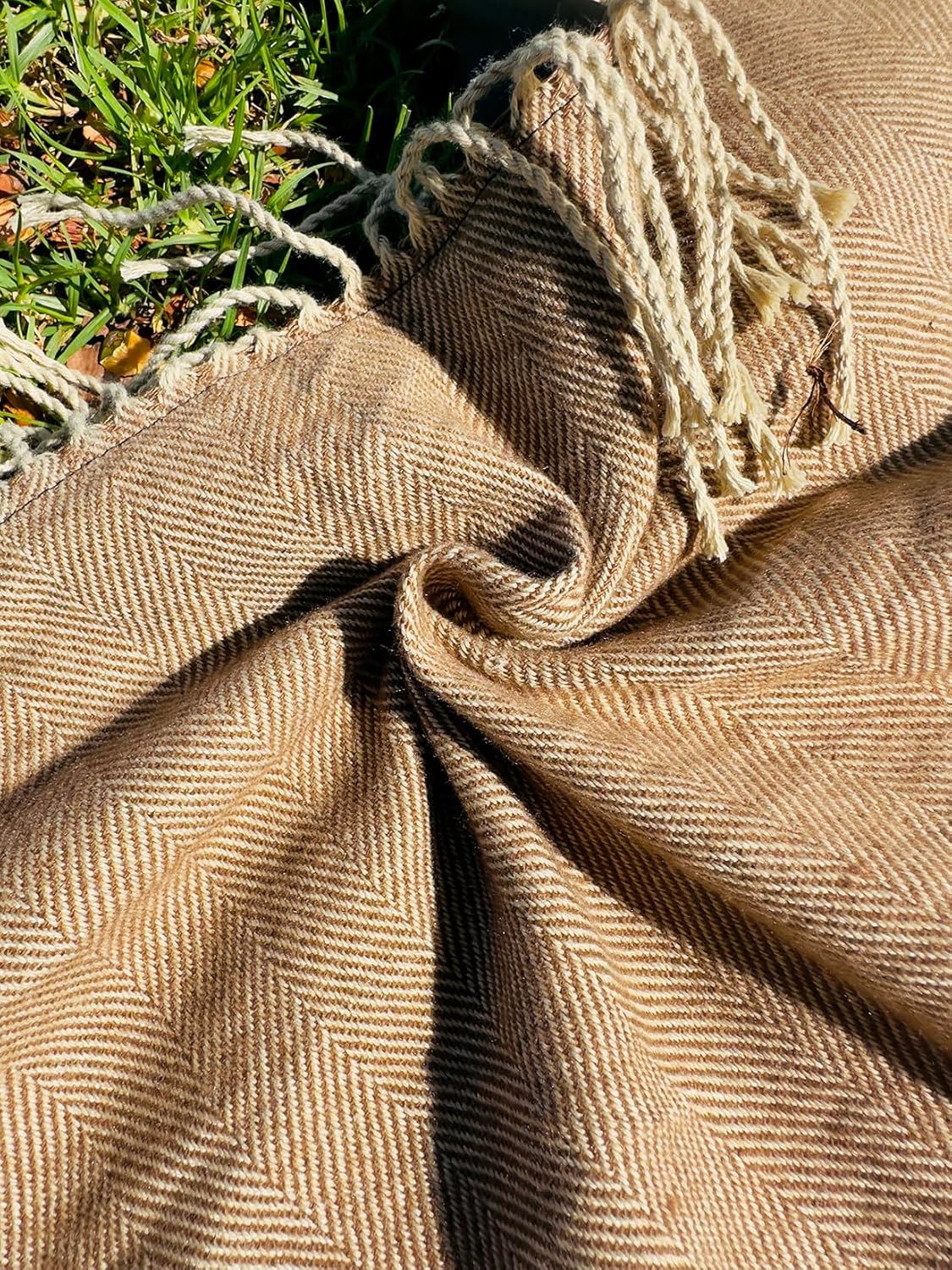 Picnic Blanket Extra Large Waterproof with Strap 59"x79" - Machine Washable Tassels Faux Wool Cashmere for Park, Grass, Camping, Hiking, Concerts (Coffee, 59"X79")