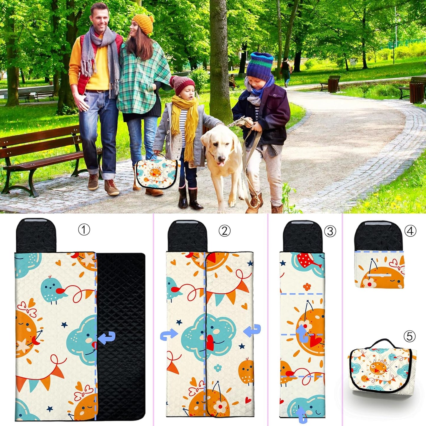 Poedist Extra Large Picnic Blanket Waterproof,80"x 80"Foldable Machine Washable Beach Blanket,Outdoor Blanket for 6-8 Adults,Suitable for Indoor Crawling,Park Beach,Camping,Hiking,Family Travel(Sun)