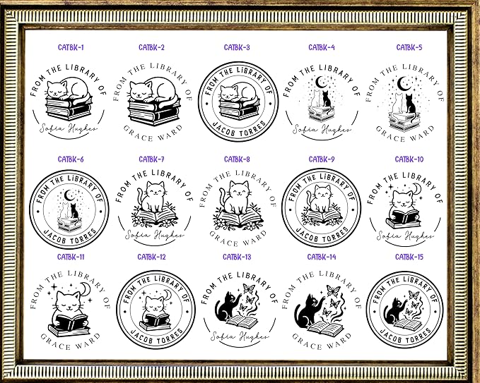 STAMPI Custom Book Embosser or Personalized Book Stamp – from The Library of Design | Swords, Cats, Dragon, Coffee & Floral Options | Gift for Book Lovers & Readers (Cat Set)