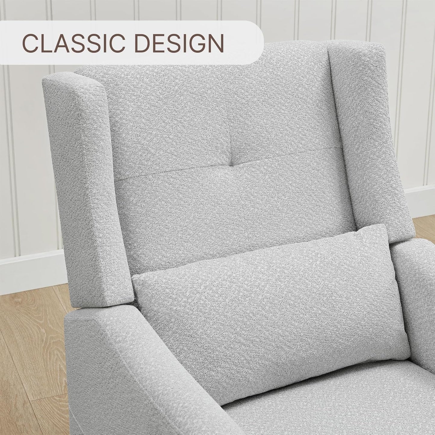 Upholstered Recliner Swivel Glider Nursery Chair Reclining Performance Fabric Rocker with Wood Base,Boucle,Grey