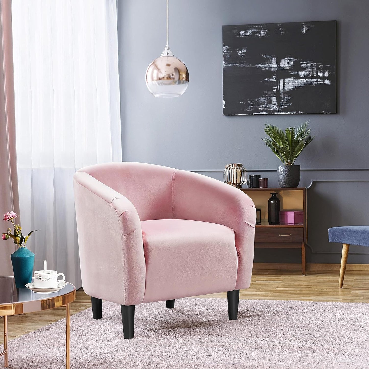 Yaheetech Barrel Chairs, Modern Vanity Chair Soft and Cozy Barrel Chair with Sturdy Legs and Soft Padded Seat for Living Room/Bedroom/Makeup Room, Pink