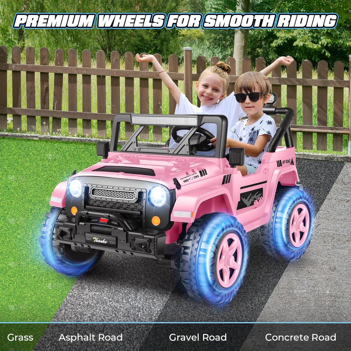 Hikole 24V Ride on Toys for Kids - 4WD/2WD Switchable 2 Seater Kids Electric Car with 4x200W Motors, Remote Control, 3 Speeds, LED Lights, MP3 Player, Safety Belt, Gift for Girls, Pink