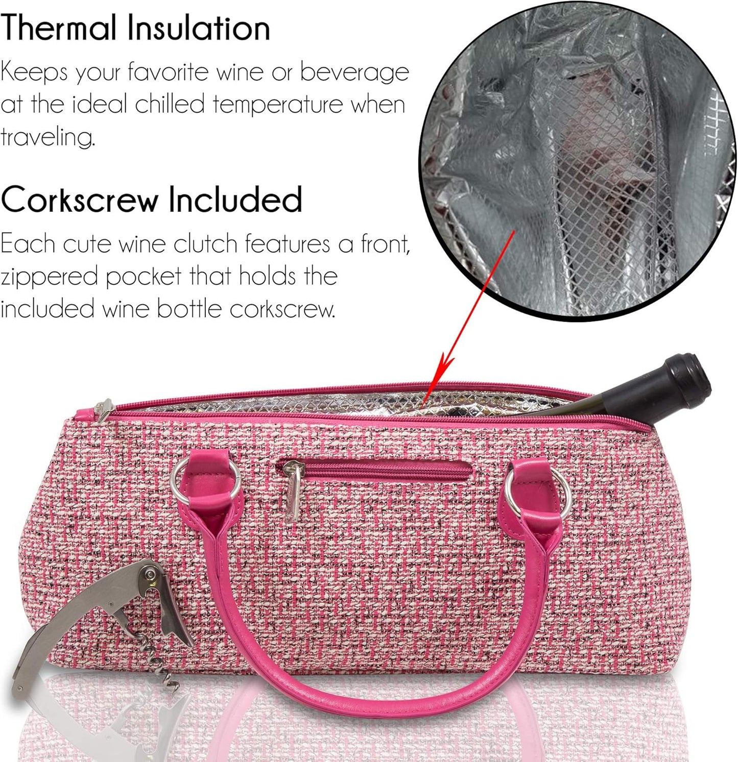 Wine Clutch Bag (Thermal Insulated) Trendy Women’s Carry Tote | Holds Red & White 750mL Bottles | Trendy Fashion | Incl. Portable Waiter-Style Corkscrew (Pink Tweed)