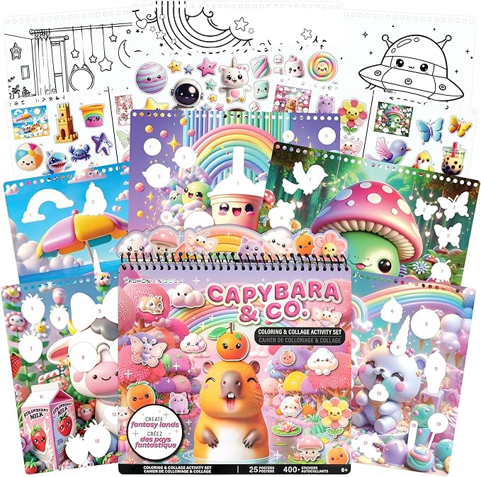Fashion Angels Capybara & Co. Collage Activity Set, Includes 8 Sticker Sheets, 10 Sticker-by-Number Posters & 15 Drawing Pages, for Ages 6+