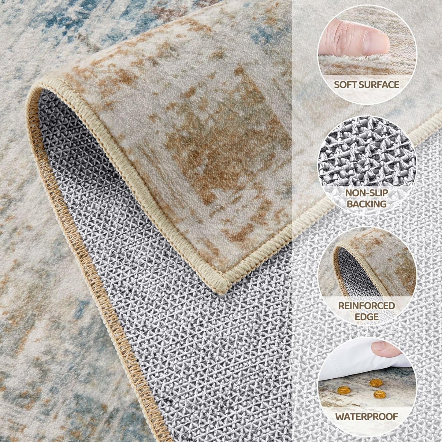 Area Rug for Living Room: 10x14 Washable Neutral Abstract Modern Soft Rugs Non Slip Indoor Floor Stain Resistant Large Carpet for Bedroom Dining Room Office Nursery - Blue Brown