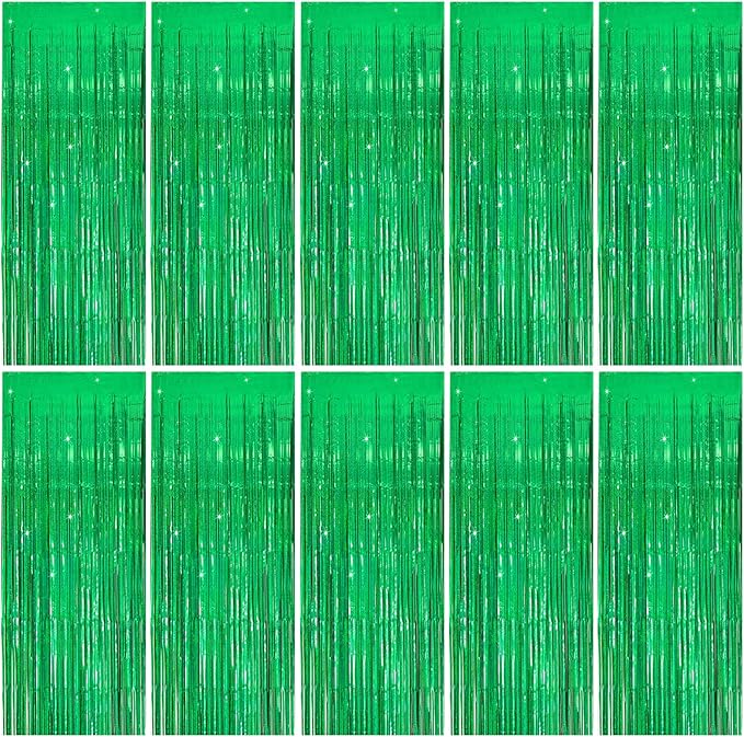 Tinsel Curtain Party Backdrop Green Birthday Decorations 10 Packs Glitter Foil Fringe Curtain Party Decor Streamers Photo Booth for Birthday Christmas Wedding Halloween Graduation Decorations