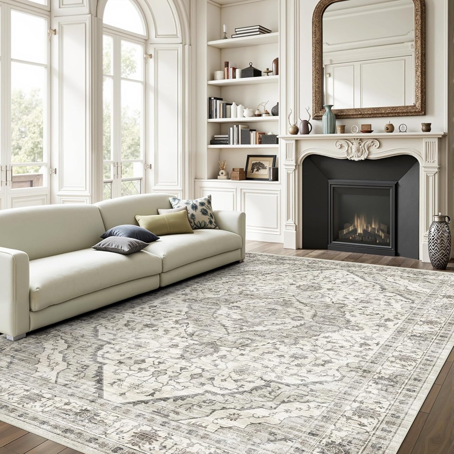 5x8 Area Rugs for Bedroom - Washable Rug 5x8 Rugs Vintage Large Carpet Non-Slip Boho Rug for Living Room Dining Room Nursery Area Rugs Print Floor Rug Cream