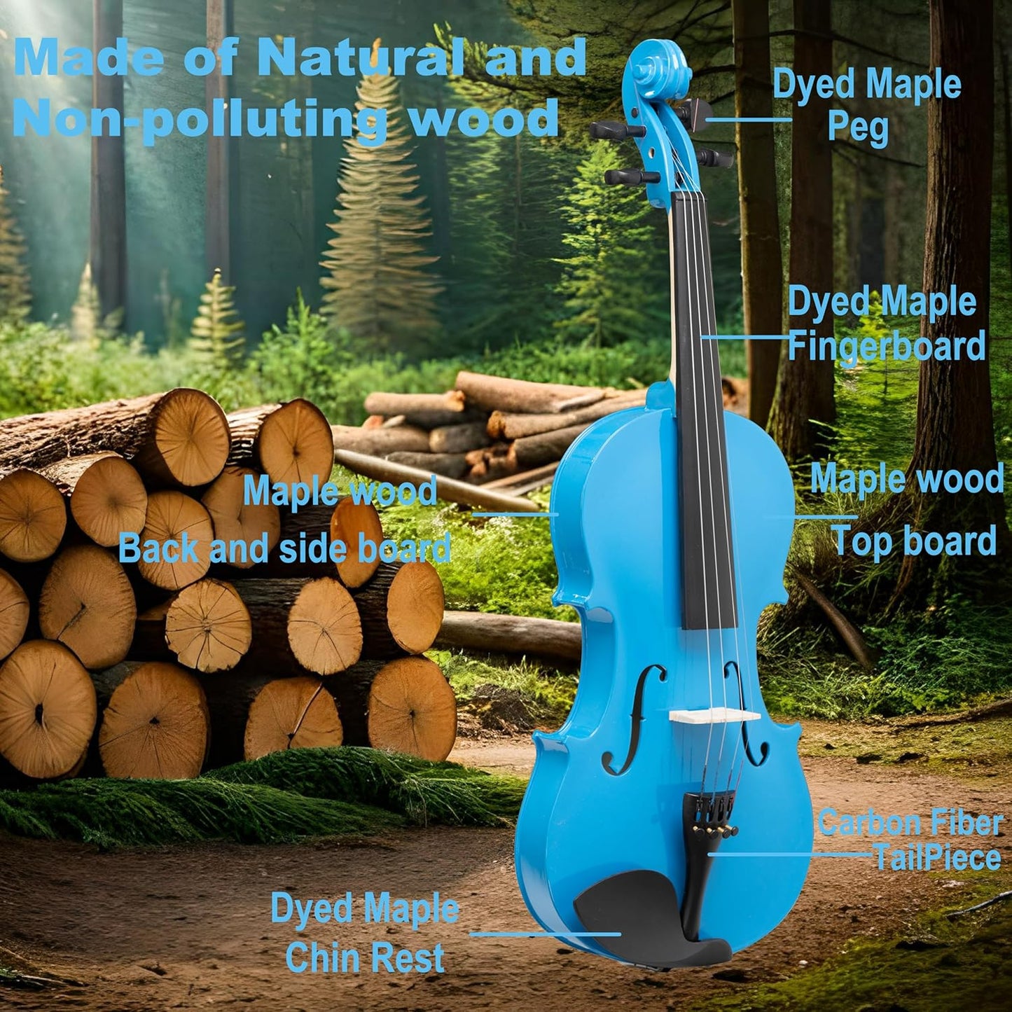 4/4 Full Size Fiddle Blue Colored Premium Violin Outfit for Beginners Adults Kids With 5 Color Fingering Tape- Handcrafted Student Beginner Violin.(Blue, 4/4 Full)