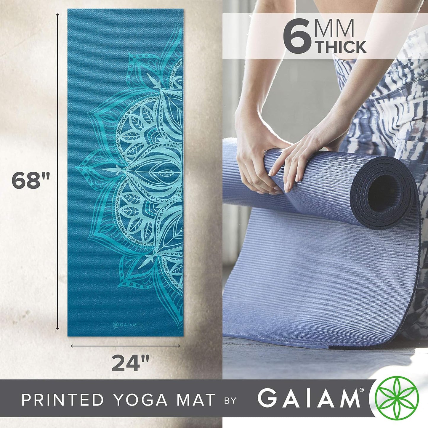 Gaiam Yoga Mat - Premium 6mm Print Extra Thick Non Slip Exercise & Fitness Mat for All Types of Yoga, Pilates & Floor Workouts (68"L x 24"W x 6mm Thick)