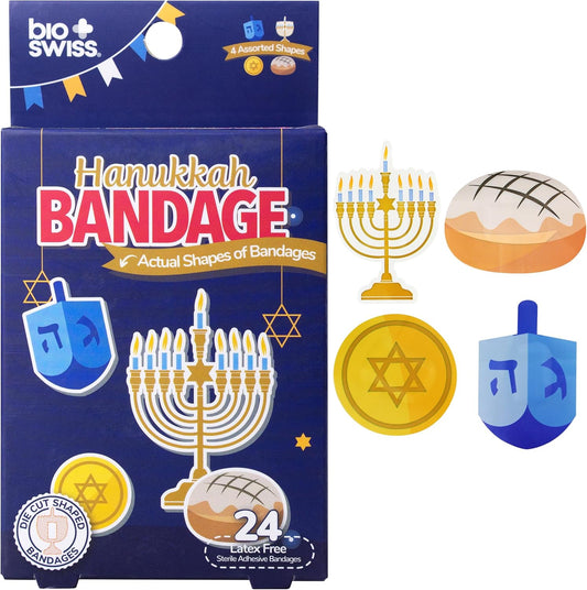 BioSwiss Bandages, Hanukkah Shaped Self Adhesive Bandage, Latex Free Wound Care, Fun First Aid Kit Supplies for Kids and Adults, 24 Count