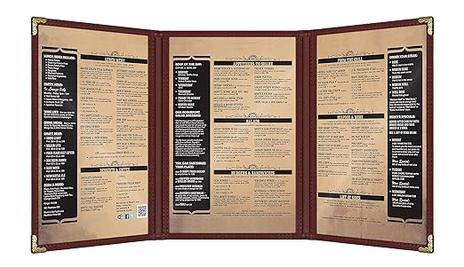 Goodsmart Restaurant Menu Covers – Burgundy, 25 Pack, 6-View Trifold 5.5" x 8.5", Side-Loading Vinyl & Plastic Menu Holders, Clear Menu Sleeves, Leather-Style Café Covers with Gold Corners