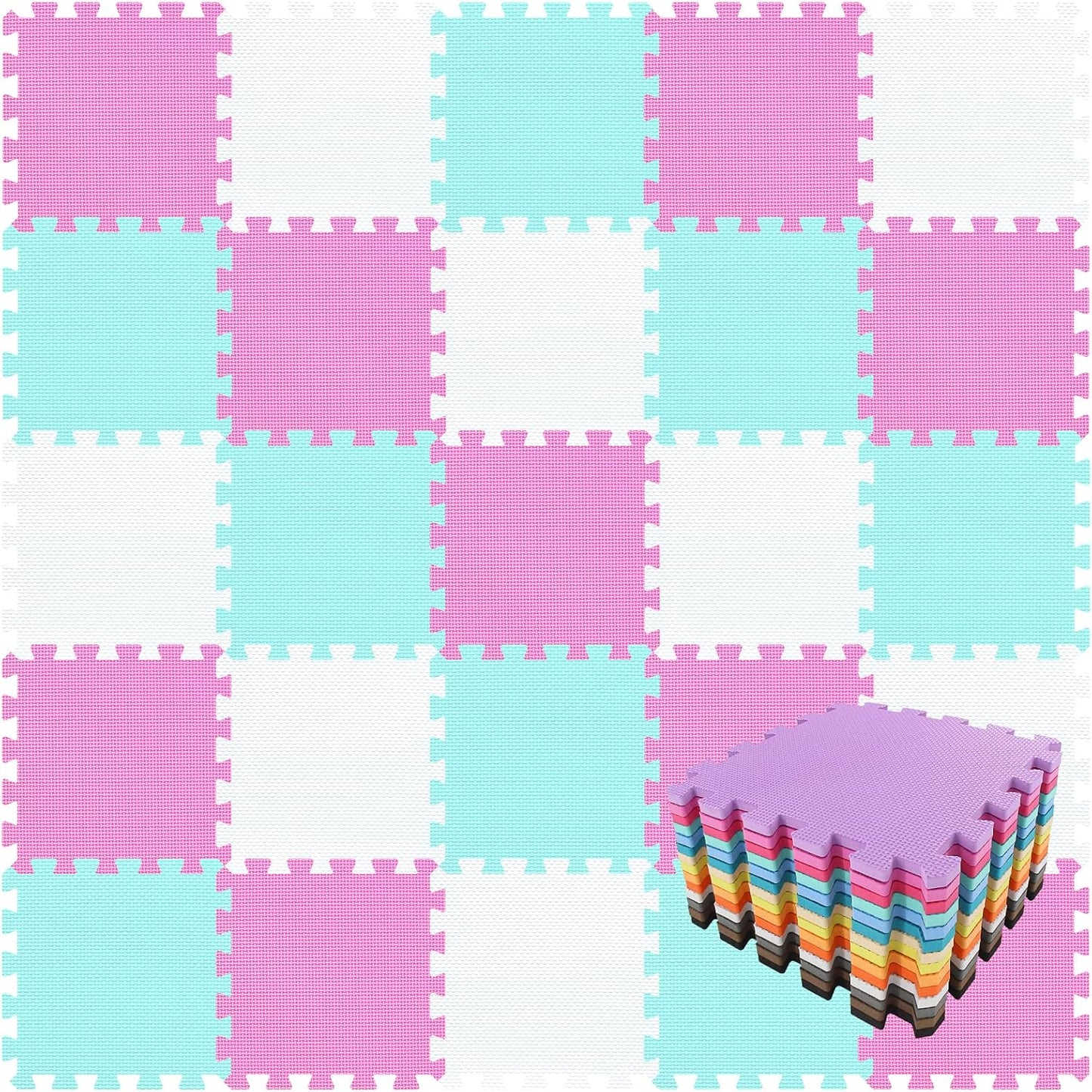 qqpp EVA Rubber 18 Tiles Interlocking Puzzle Foam Floor Mats - Baby Play Mat for Playing | Exercise Mat for Home Workout. White, Pink, Green. QC-ACHb18N