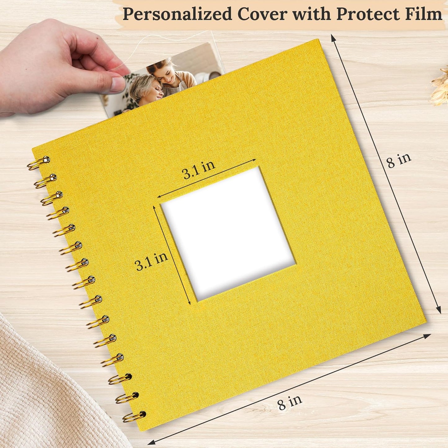 Scrapbook Photo Album Linen Cover, 8 x 8 Inch Hardcover Kraft White Pages Memory Book, for Travel Wedding Guest Book Christmas Baby Shower (20 Sheets/ 40 Pages,Yellow)