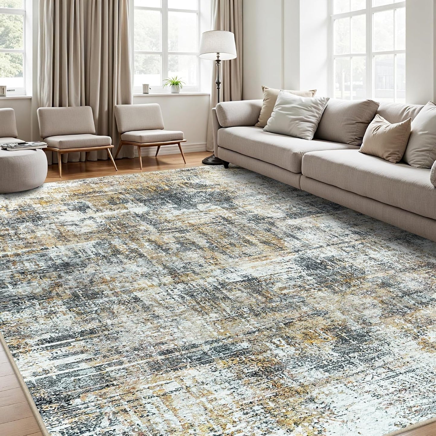 Area Rug 9x12 Washable Rugs: Abstract Large Living Room Rugs with Non-Slip Backing, Stain Resistant Indoor Floor Carpet for Bedroom Dining Room Table Nursery Hallway Home Office Brown/Gray