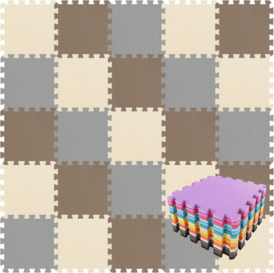 qqpp EVA Rubber 18 Tiles Interlocking Puzzle Foam Floor Mats - Baby Play Mat for Playing | Exercise Mat for Home Workout. Brown, Beige, Gray. QC-FJLb18N