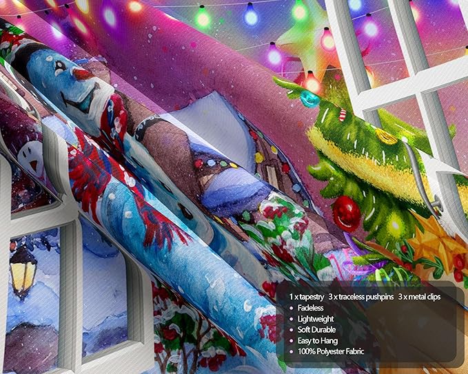QGHOT Christmas Window Tapestry Wall Hanging, Christmas Backdrop Winter Window Wall Decor Xmas Snowman Deer Tapestries for Bedroom Living Room Dorm Holiday Party Decoration