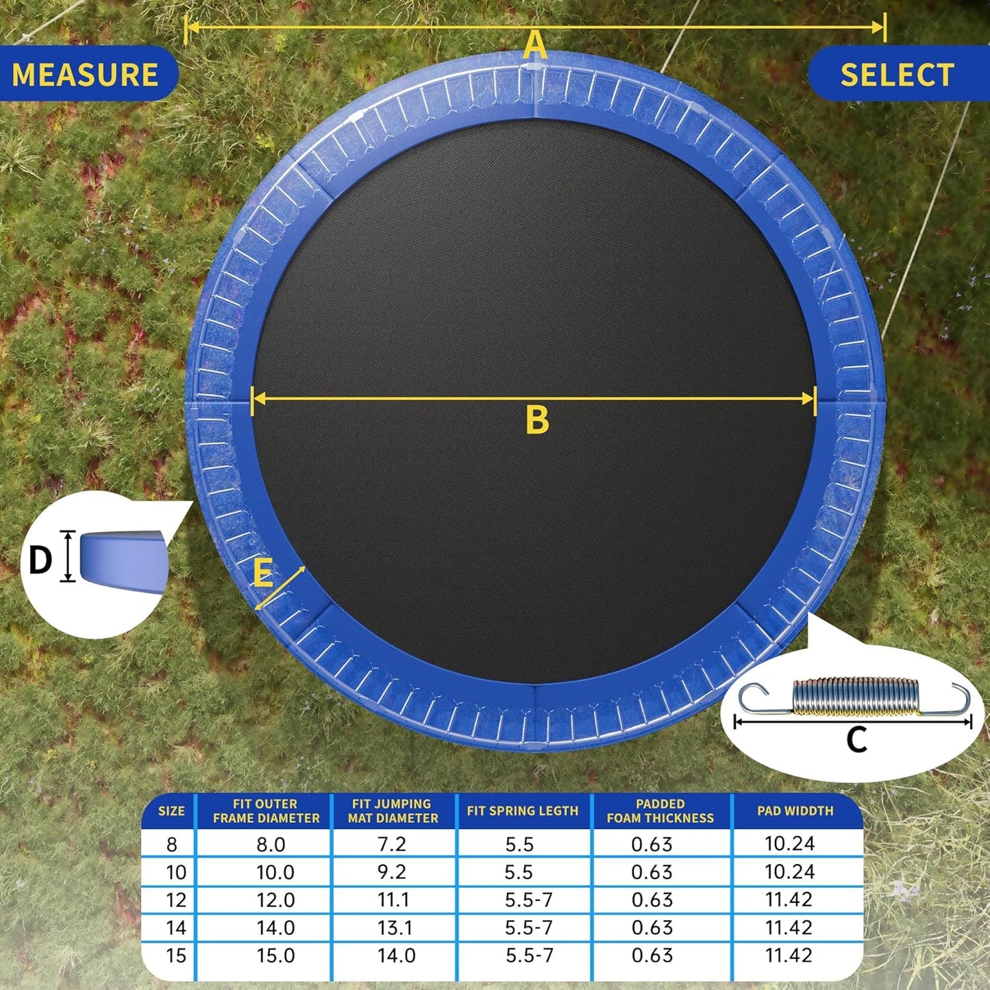 Trampoline Spring Cover, 10ft/12ft/14ft/15ft/16ft Trampoline Replacement Safety Pad, Waterproof Trampoline Accessories Pad for Round Frame