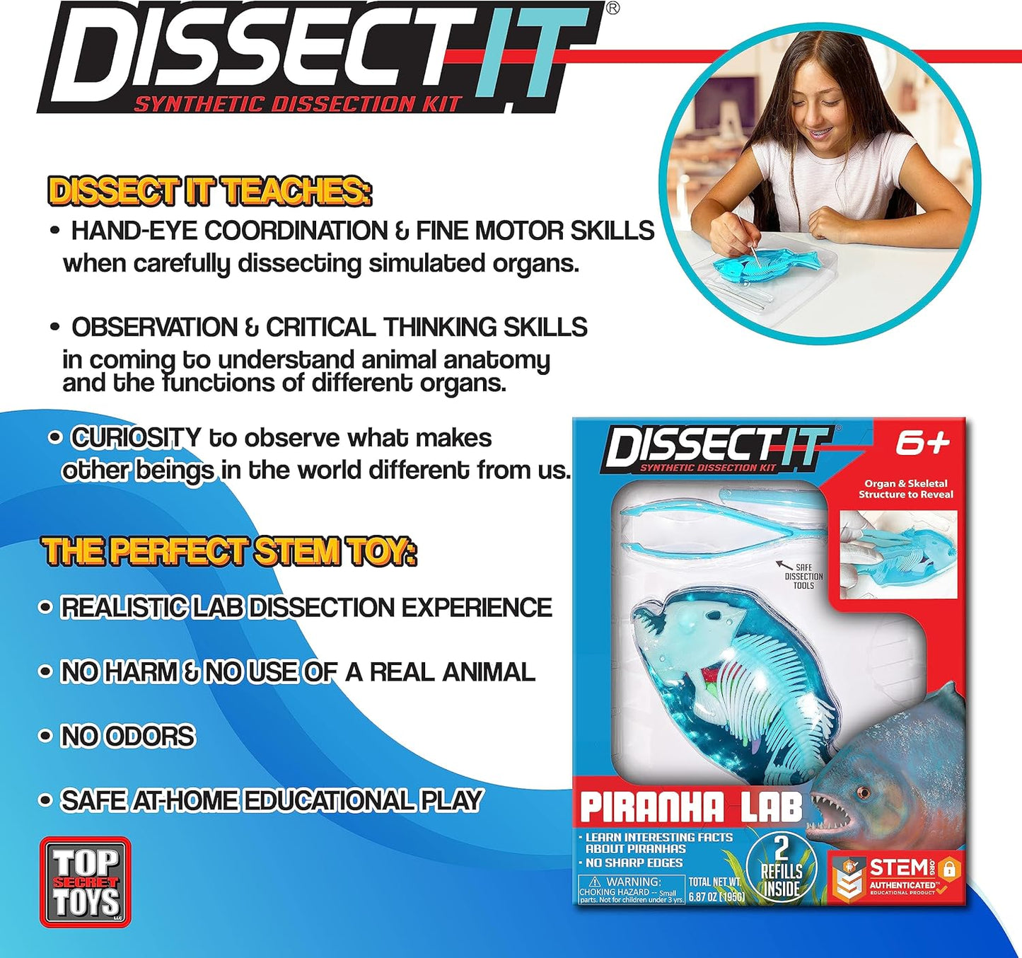 Dissect-It Simulated Synthetic Lab Dissection Toy, STEM Projects for Kids, Animal Science, Biology, Anatomy Home Learning Kit, Piranha