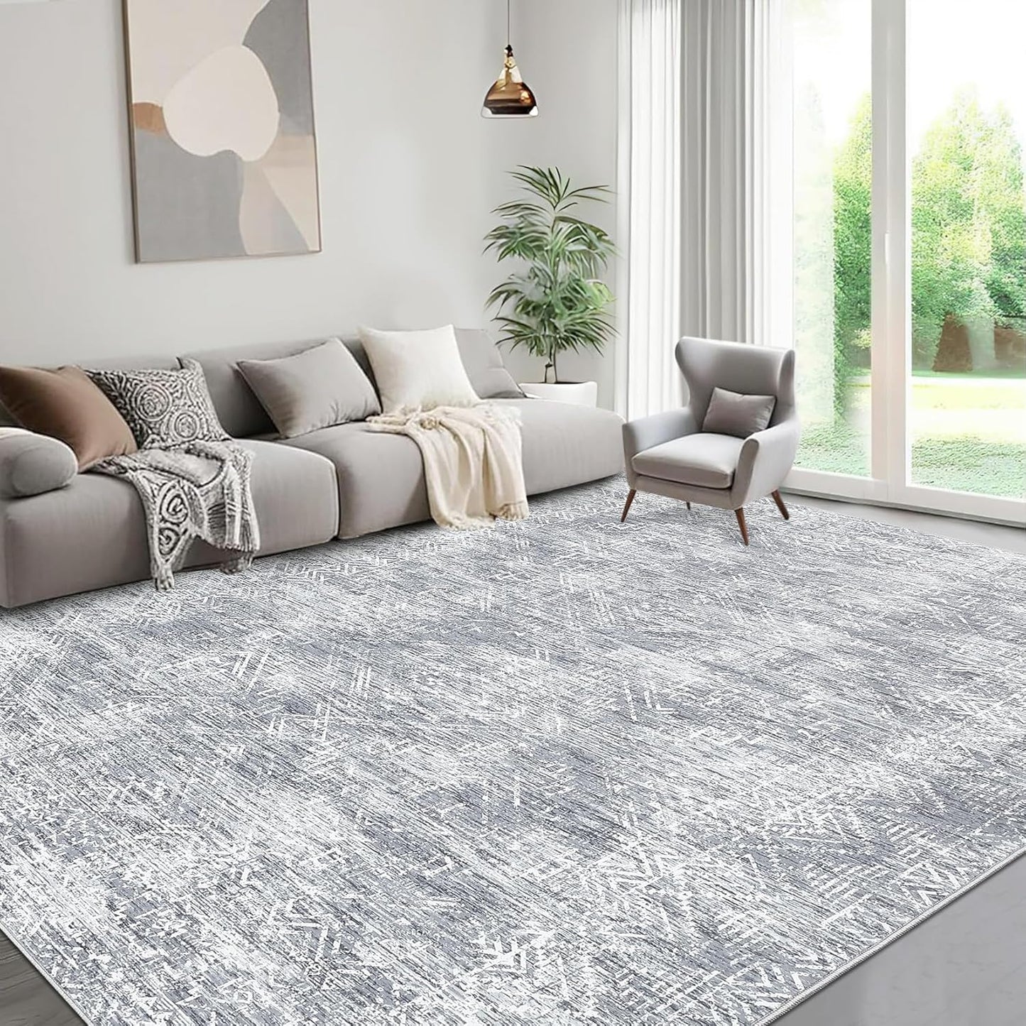 COZYLOOM 5x7 Rug Living Room Modern Washable Distressed Accent Carpet with Non-Slip Backing, Ultra-Soft Contemporary Geometric Floor Mat for Kitchen, Bedroom, Grey