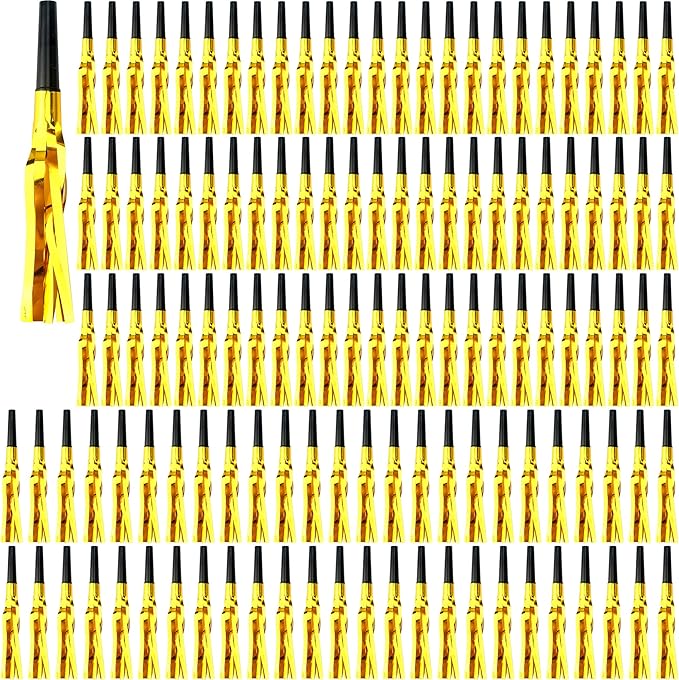120 Pcs Glitter Bomb Noise Maker Gold Metallic Fringed Squawker Blowouts Silver Musical Blower Whistle for Birthday New Years Party Supplies Sporting Events Graduation (Gold)