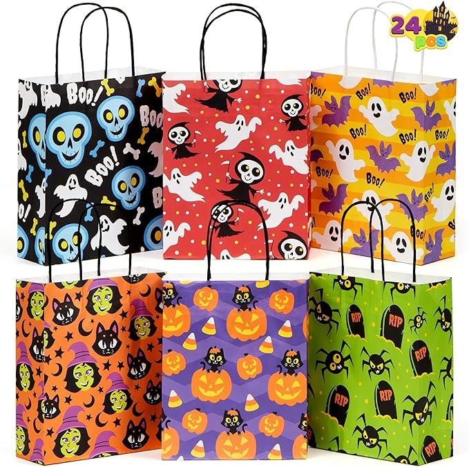 JOYIN 24 Pcs Halloween Paper Goodie Bags with Handles in 6 designs for Halloween Trick or Treat, Colorful Candy Bags for Party Favor, Party Supplies