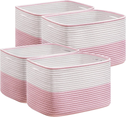 UBBCARE 4 Pack Baskets for Organizing, Woven Storage Baskets for Toys and Towel, Rectangle Cotton Rope Basket with Handles, 15''L x10''W x9''H, Pink