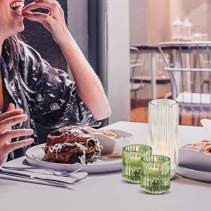Serene Spaces Living Set of 4 Green Ribbed Glass Votive Holders, Perfect for Weddings and Home Décor, Measures 2.25" Tall and 2" Diameter