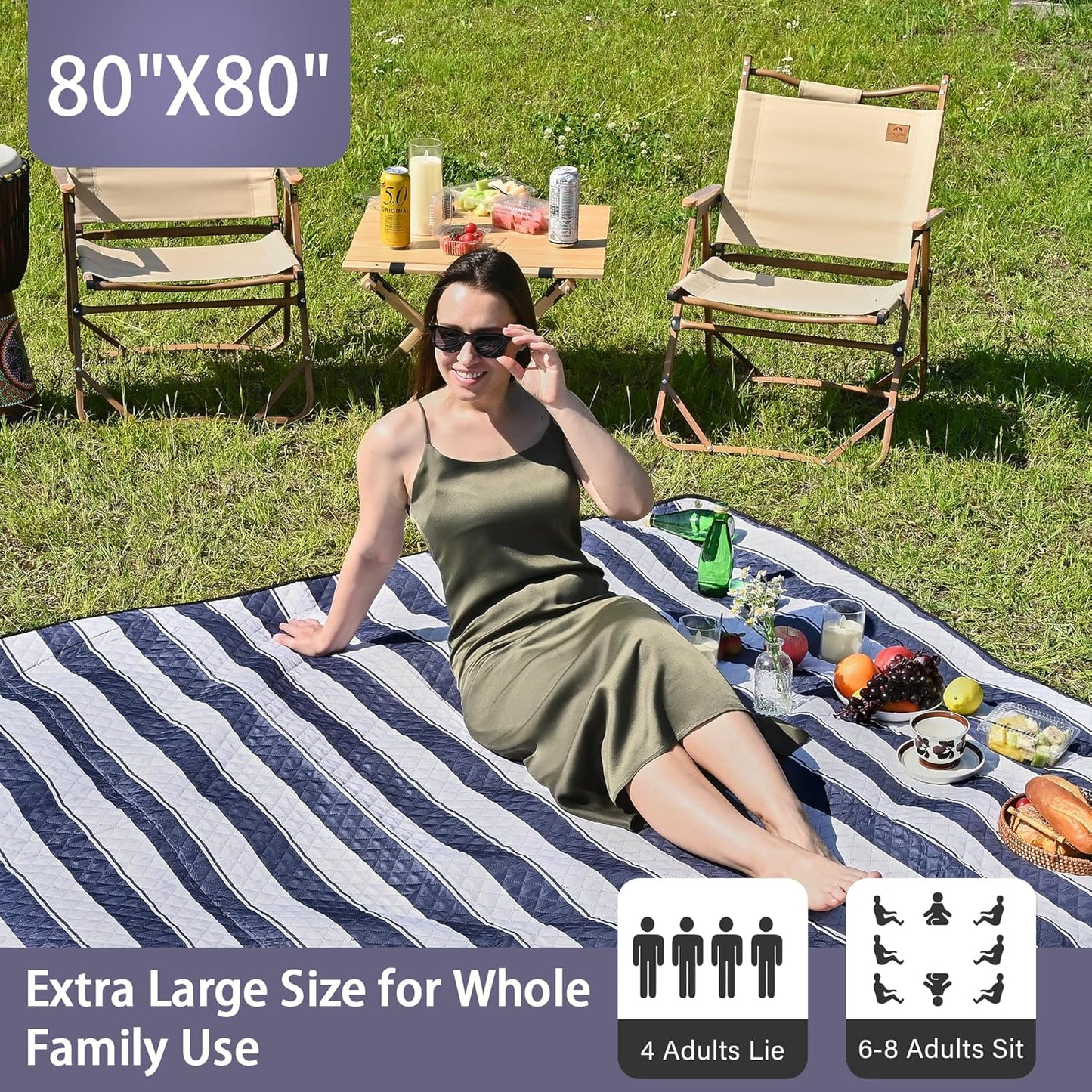 HX&OD Outdoor Picnic Blanket Extra Large, 80''*80'' Waterproof Picnic Mat with Stakes Foldable Camping Blanket Portable with Carry Strap for Beach Mat (Blue& White, 80''*80'')