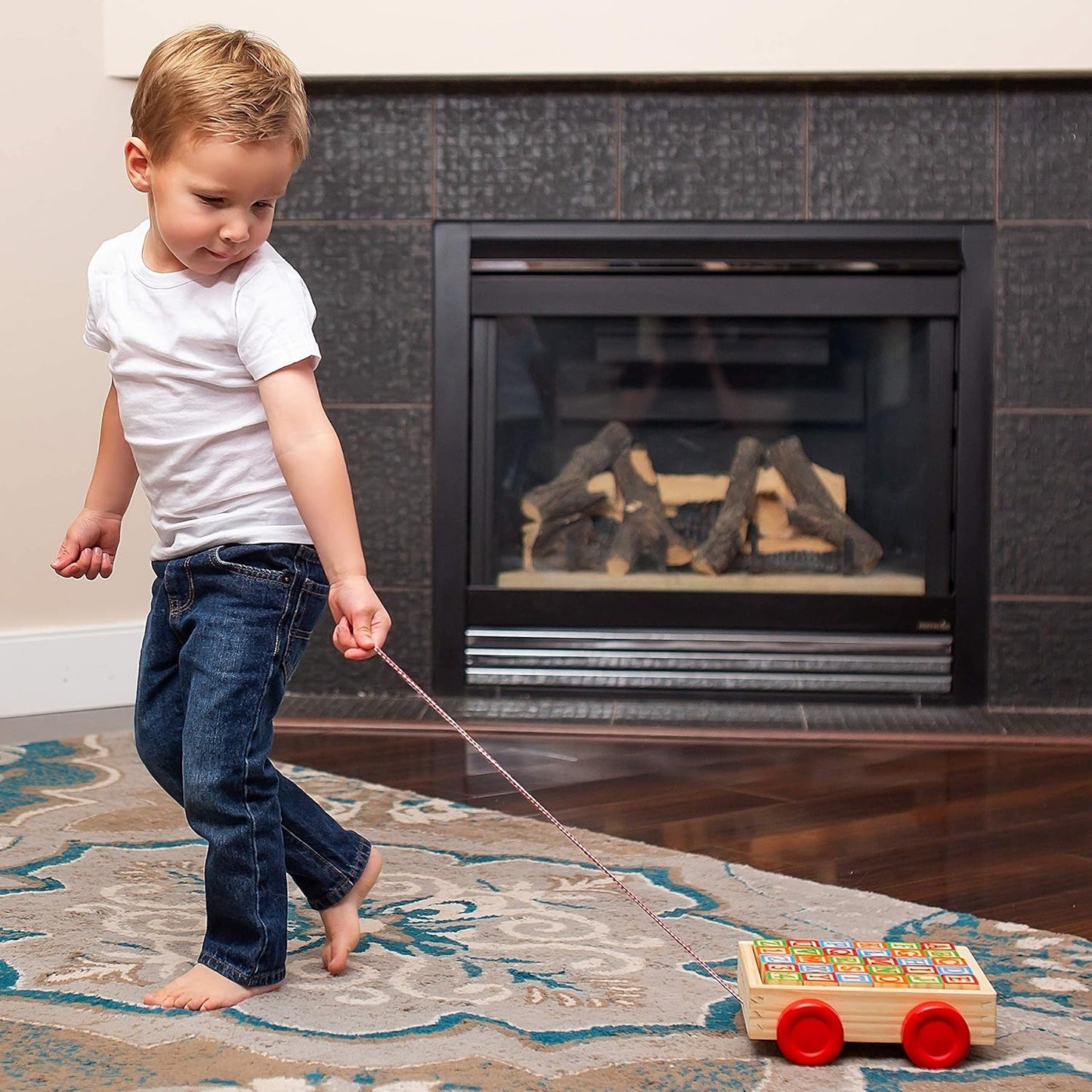 Building Blocks for Toddlers 1-3 Years Old, 30 Large Stackable Wooden Baby Blocks with Alphabet and Number Icons on Every Side, Toy Wagon Included﻿