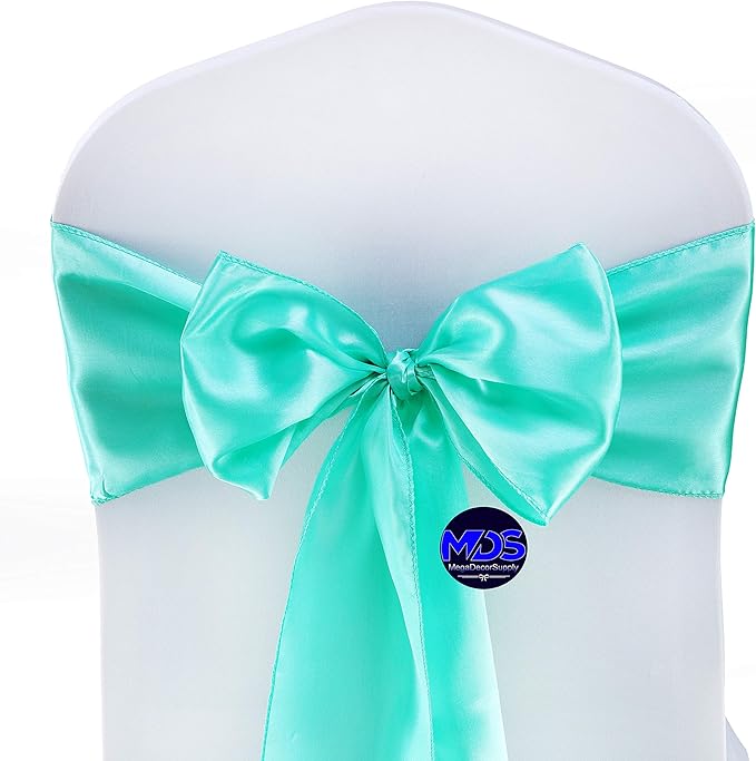 MDS Pack of 75 PCS Satin Chair Sashes Charmeuse Sateen Dining Chair Bows Ribbon Ties Back Sash for Wedding Party Birthday Home Hotel Restaurant Banquet Decoration (7 x 108 Inch, Sea Green)