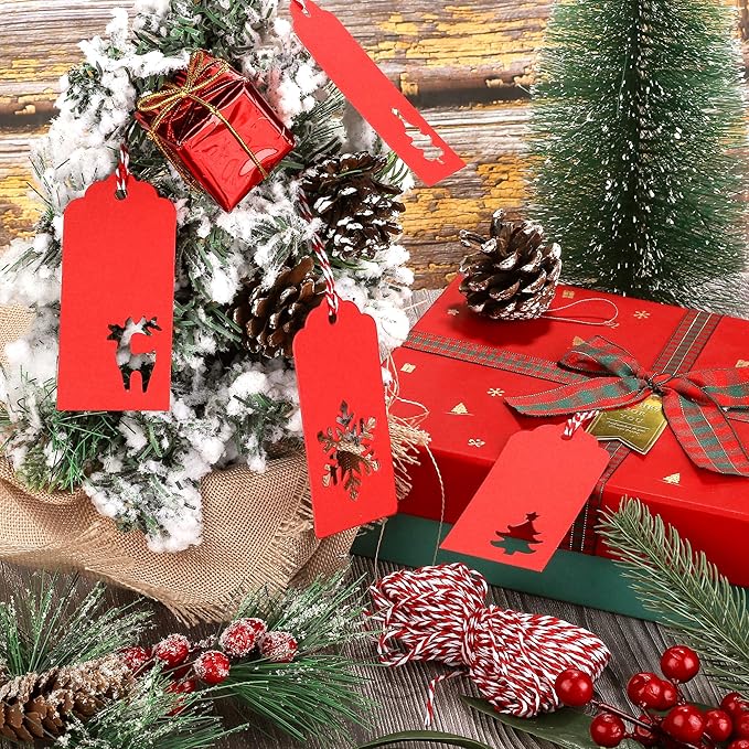 Aneco 150 Pieces Christmas Paper Gift Tags Red Kraft Tags Hang Labels Christmas Tree Snowflake Reindeer Design with 30 Meters Twine for Christmas DIY Wrapping Favor Holiday Present