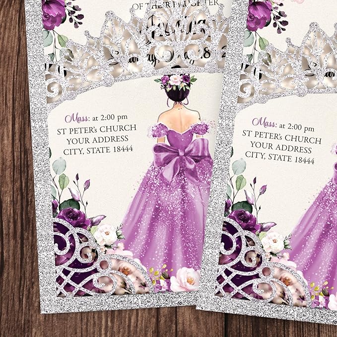 50Pcs Purple Crown Invitations for Quinceanera, 15 year, Sweet 16, Miss XV, Birthday Laser Cut Quince Invitation Cards Personalized Glitter Silver