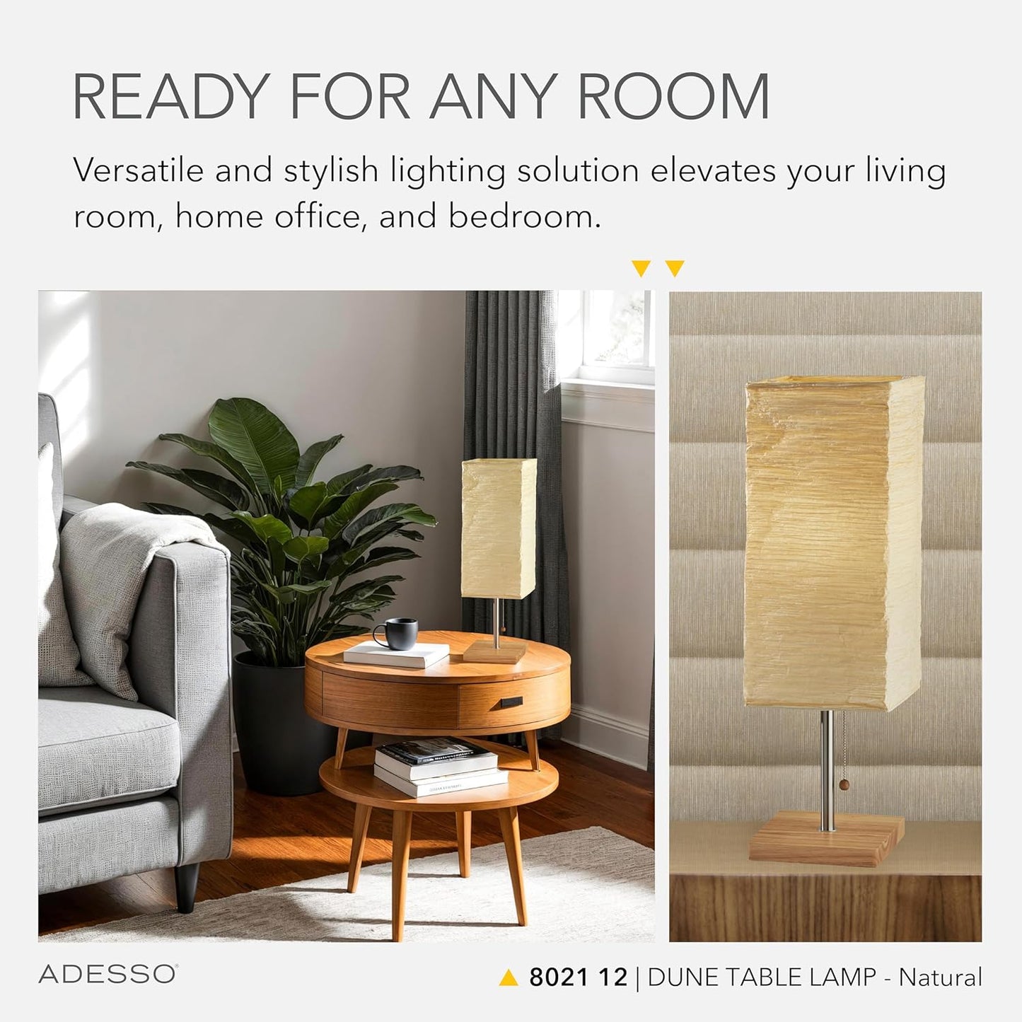 Adesso 8021-12 Dune Table Lamp, 25 in., 100 W Incandescent/ 26W CFL, Natural Rubber Wood/Steel Accents, 1 Table Lamp , White